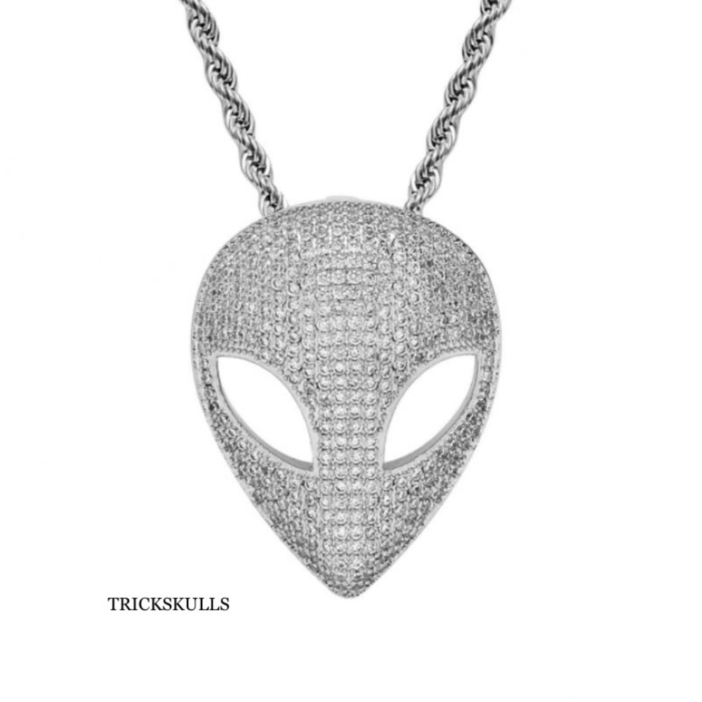 Silver Stainless Iced Micro Pave Alien Pendant Necklace w 24” Hip Hop Rope Chain